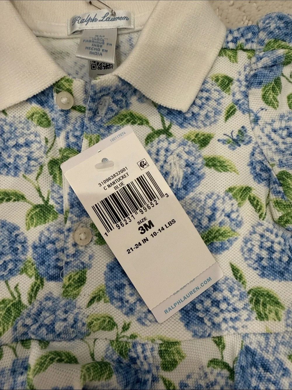 Ralph Lauren White Polo Bubble Romper with Blue Floral Hydrangea Print